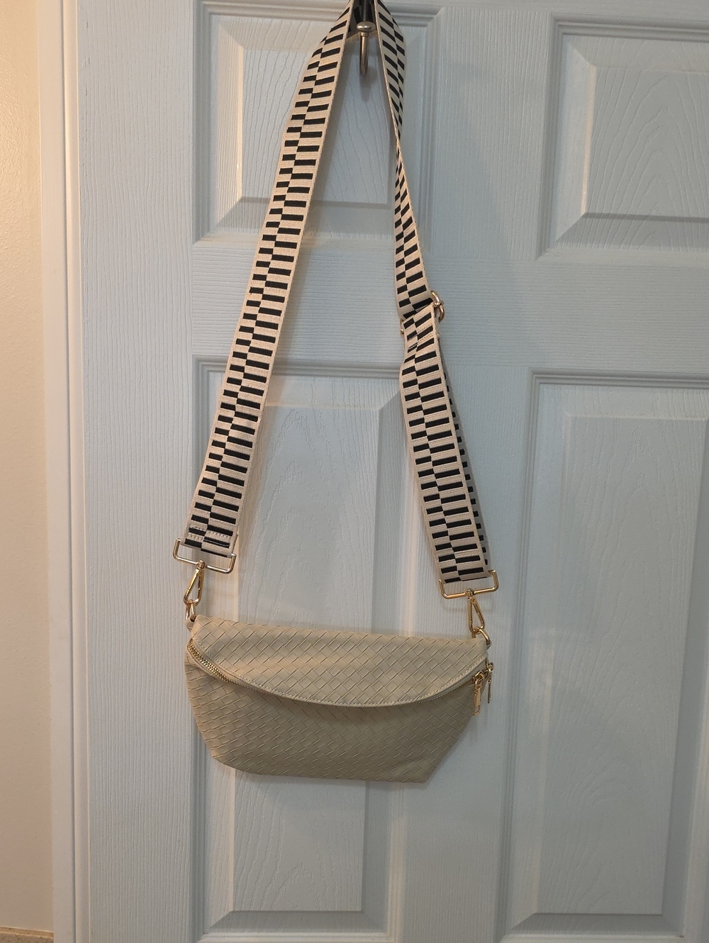 Cream Woven Crossbody Bag with Black-Striped Adjustable Strap